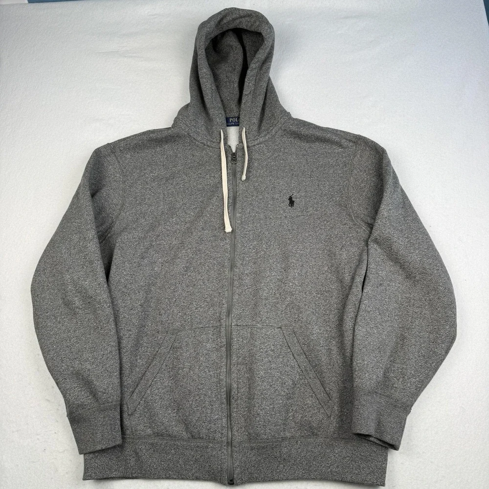 Polo Ralph Lauren Hoodie Mens 2XL Gray Full‎ Zip Fleece Logo Sweatshirt